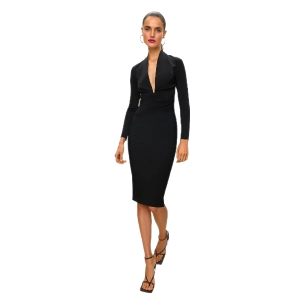 Babaton Vandelay Ribbed Bodycon Long Sleeve Deep V Midi Dress Black- sz L